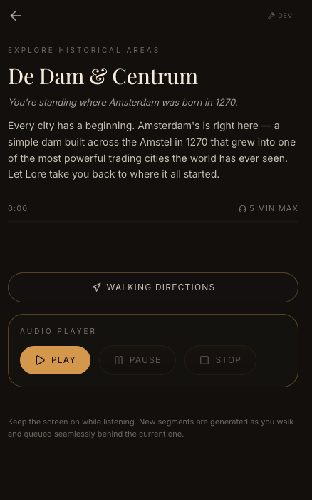 Lore audio guide screen for De Dam & Centrum with a play, pause and stop player.